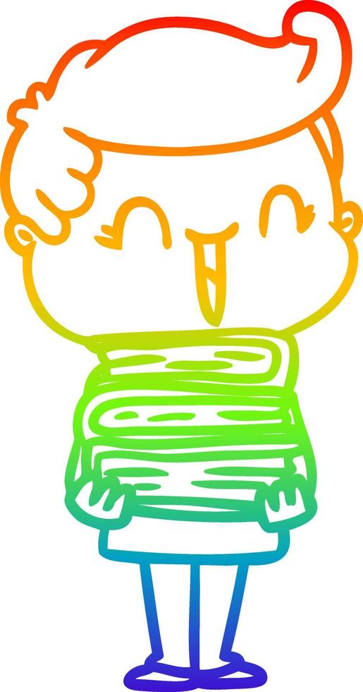 rainbow gradient line drawing cartoon laughing boy carrying books vector