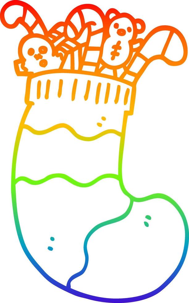 rainbow gradient line drawing cartoon christmas stocking full of toys vector