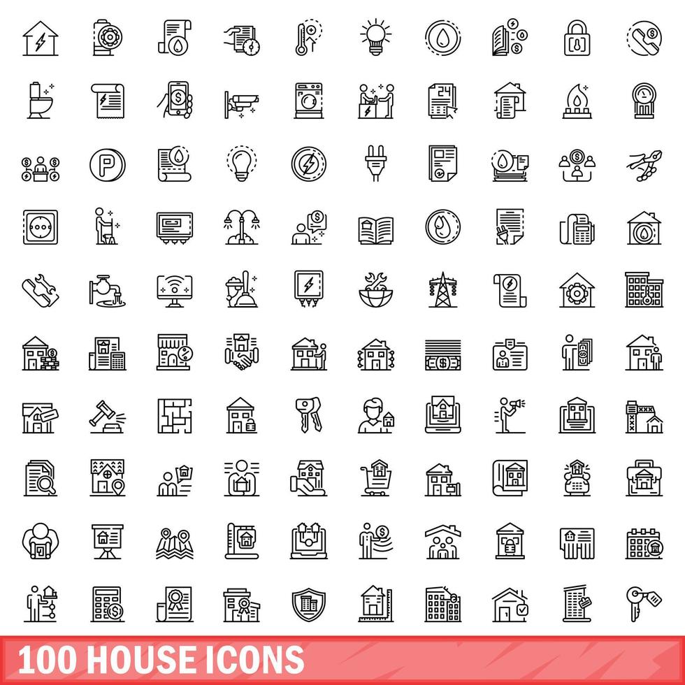 100 house icons set, outline style vector