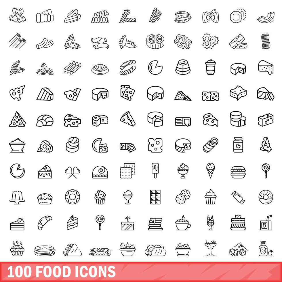 100 food icons set, outline style vector