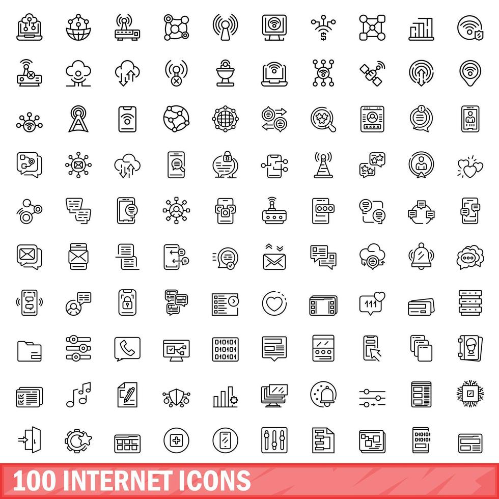 100 internet icons set, outline style vector