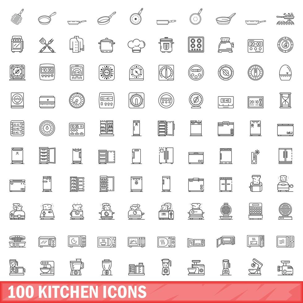 100 iconos de cocina, estilo de esquema vector