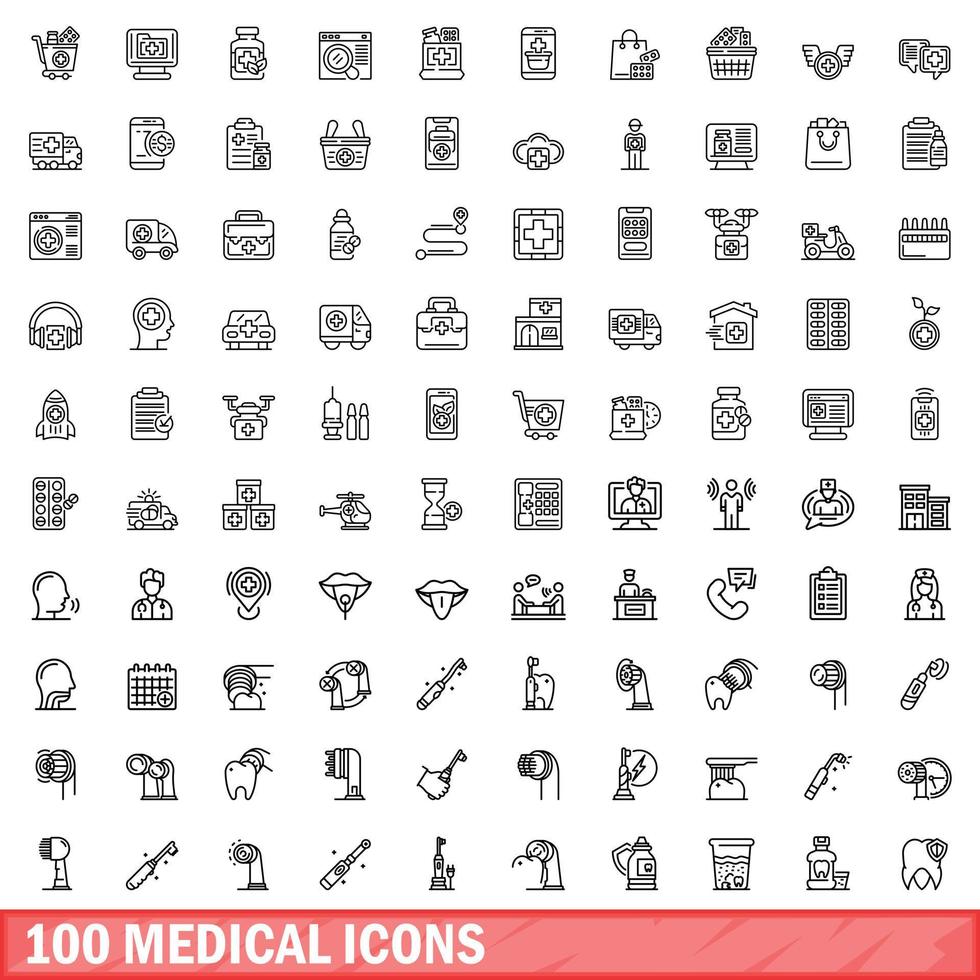 100 medical icons set, outline style vector