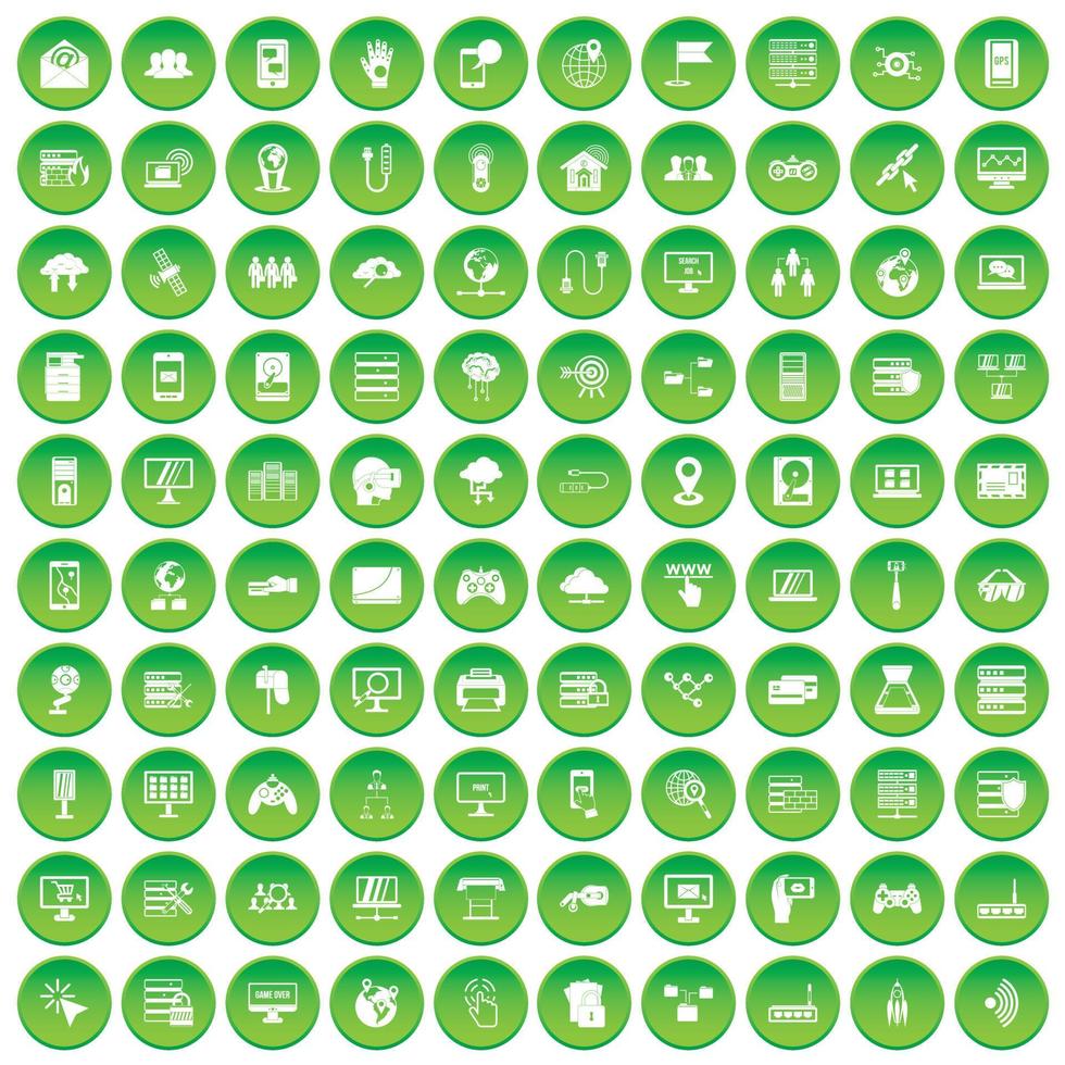 100 network icons set green circle vector