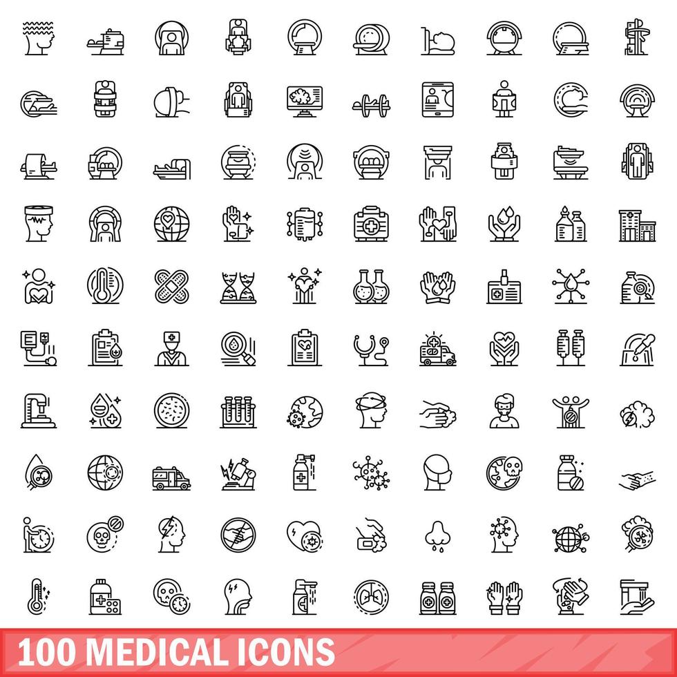 100 medical icons set, outline style vector