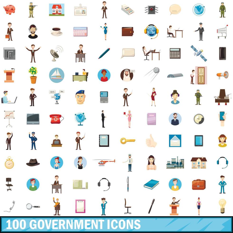 100 iconos gubernamentales, estilo de dibujos animados vector