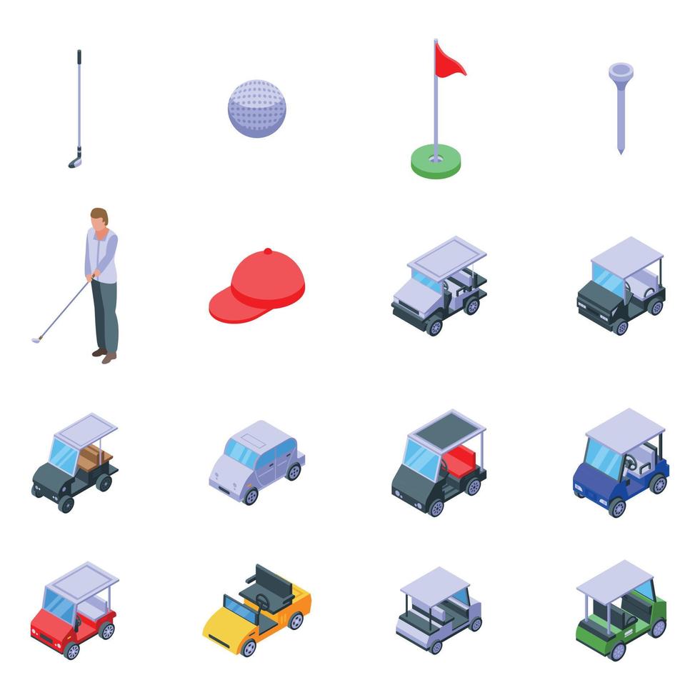 Golf cart icons set, isometric style vector