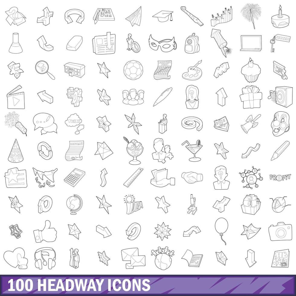 100 headway icons set, outline style vector