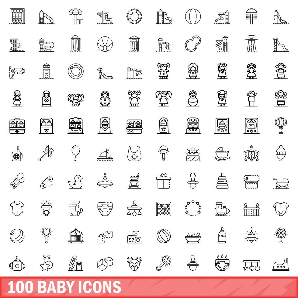 100 baby icons set, outline style vector