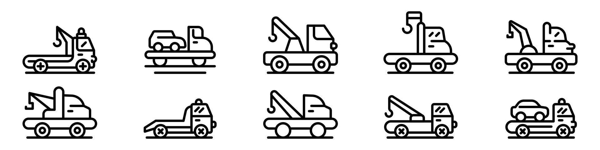 Tow truck icons set, outline style vector