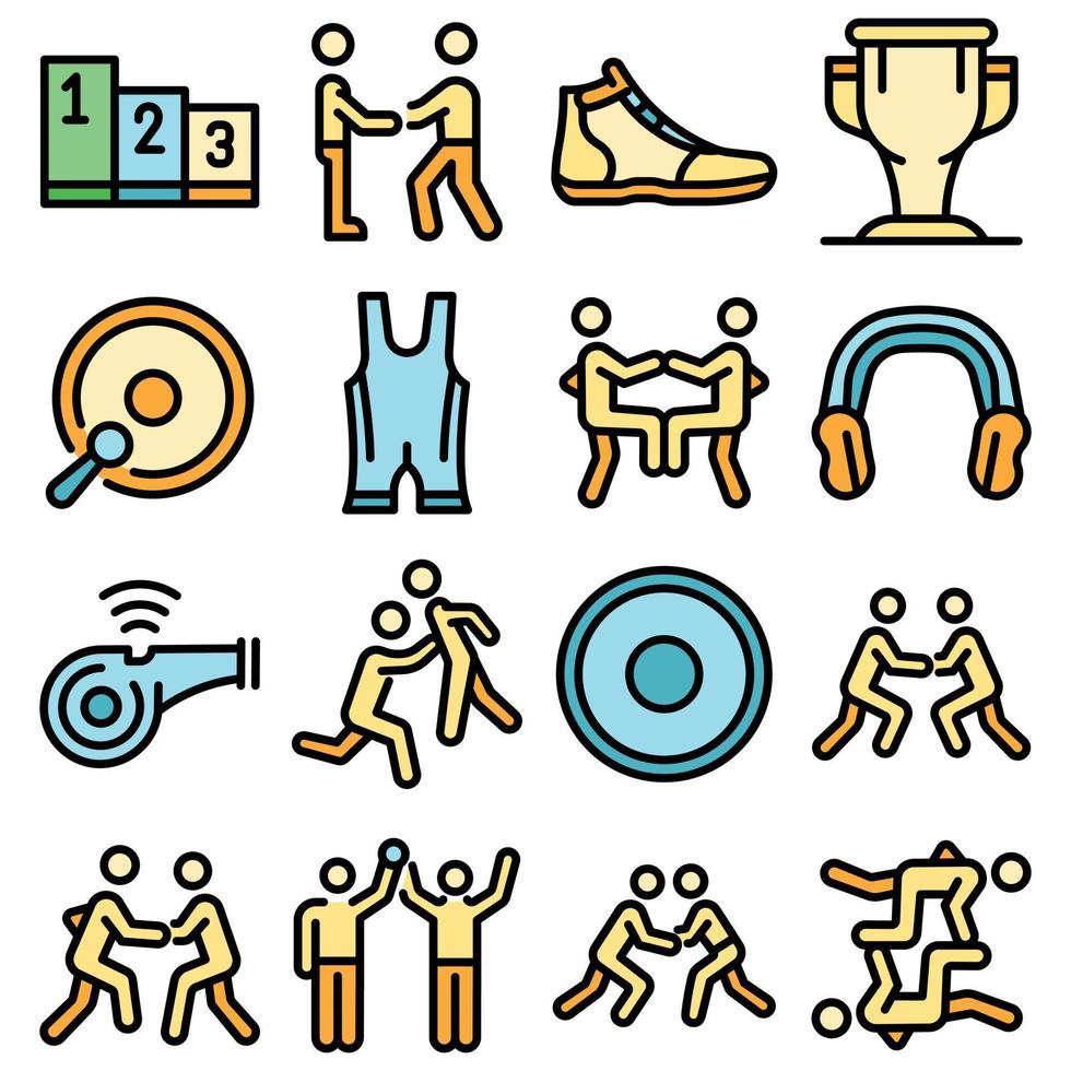 Greco-Roman wrestling icons set vector flat