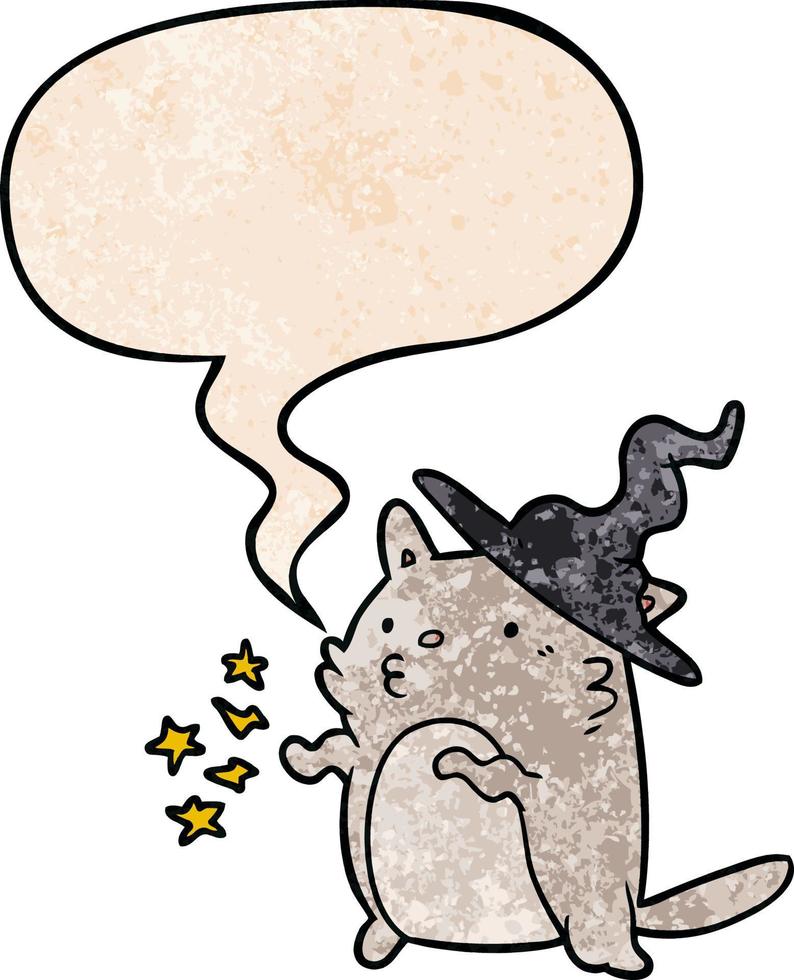 magical amazing cartoon cat wizard and speech bubble in retro texture style vector