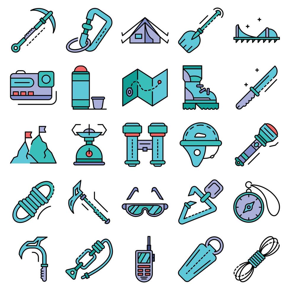 Mountaineering equipment icon set line color vector