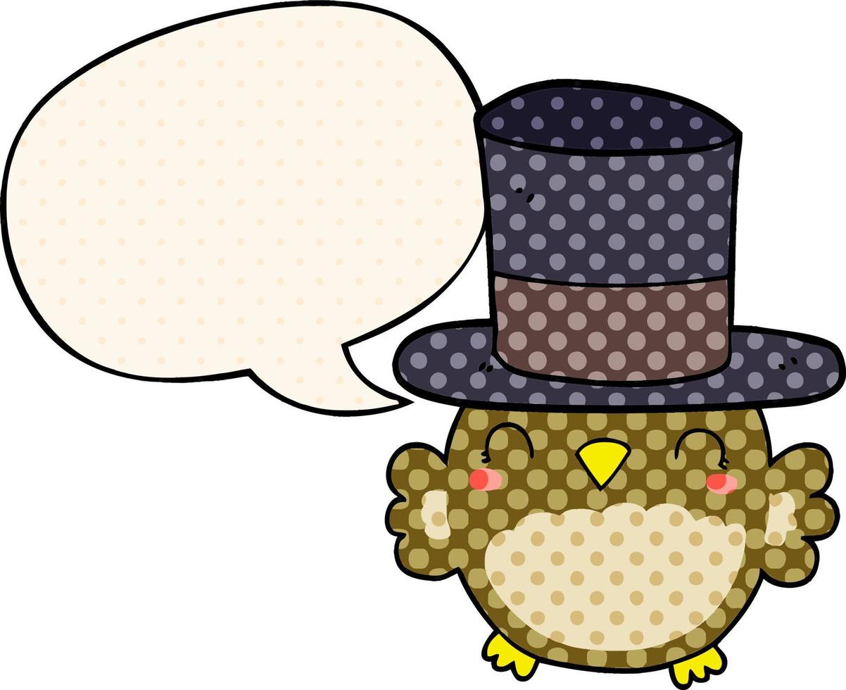 cartoon owl wearing top hat and speech bubble in comic book style vector