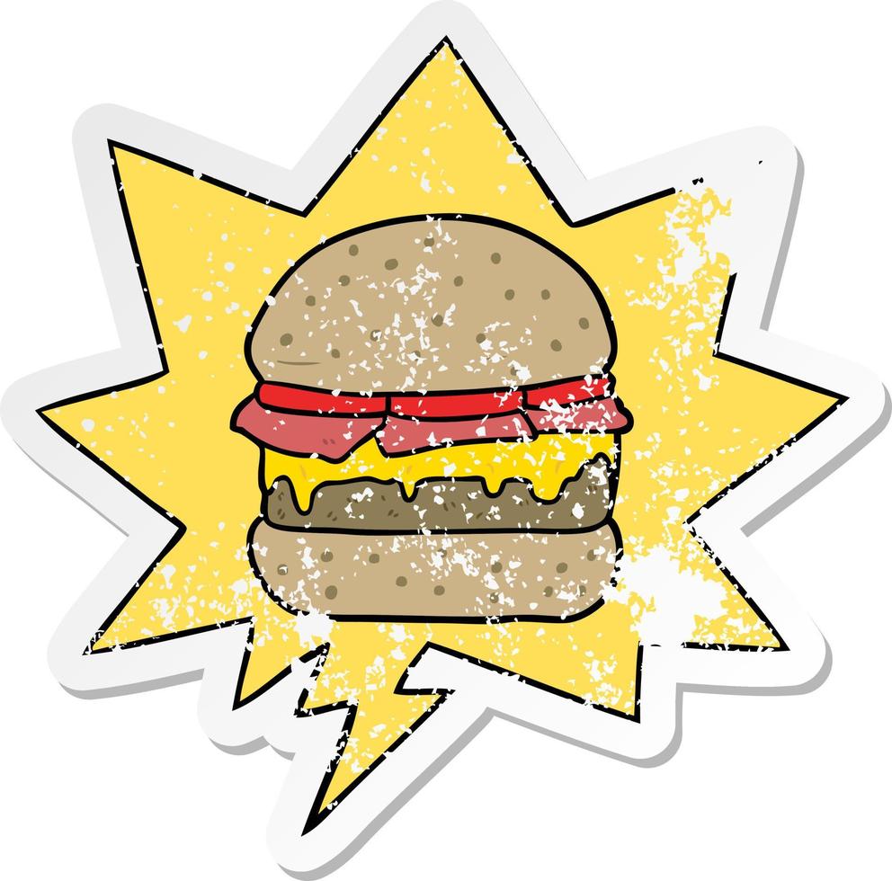 cartoon stacked burger and speech bubble distressed sticker vector