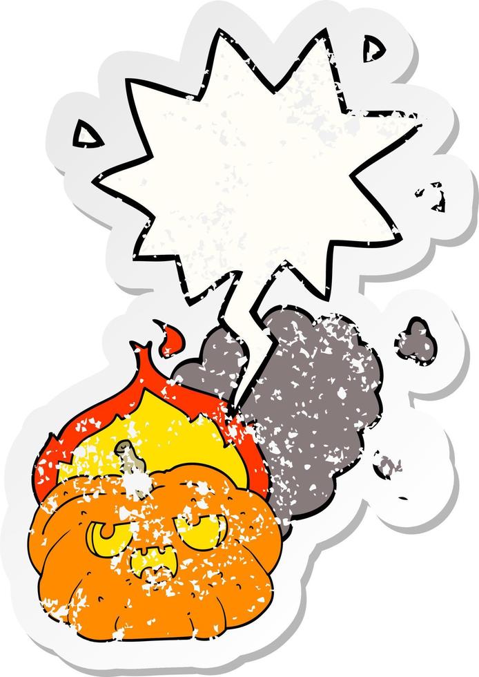 cartoon flaming halloween pumpkin and speech bubble distressed sticker vector