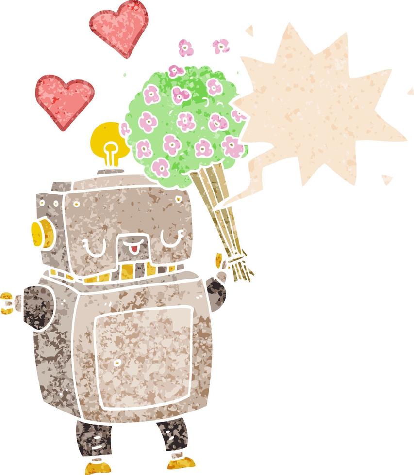 cartoon robot in love and speech bubble in retro textured style vector
