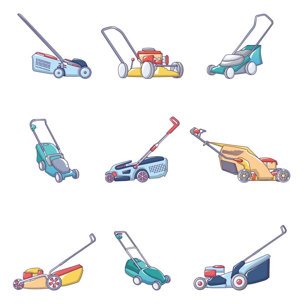 Lawnmower grass garden icons set, cartoon style vector