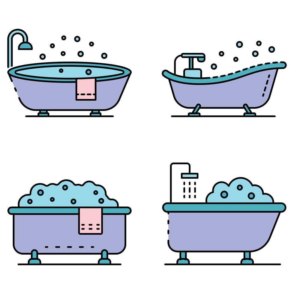 bañera, icono, conjunto, línea, color, vector