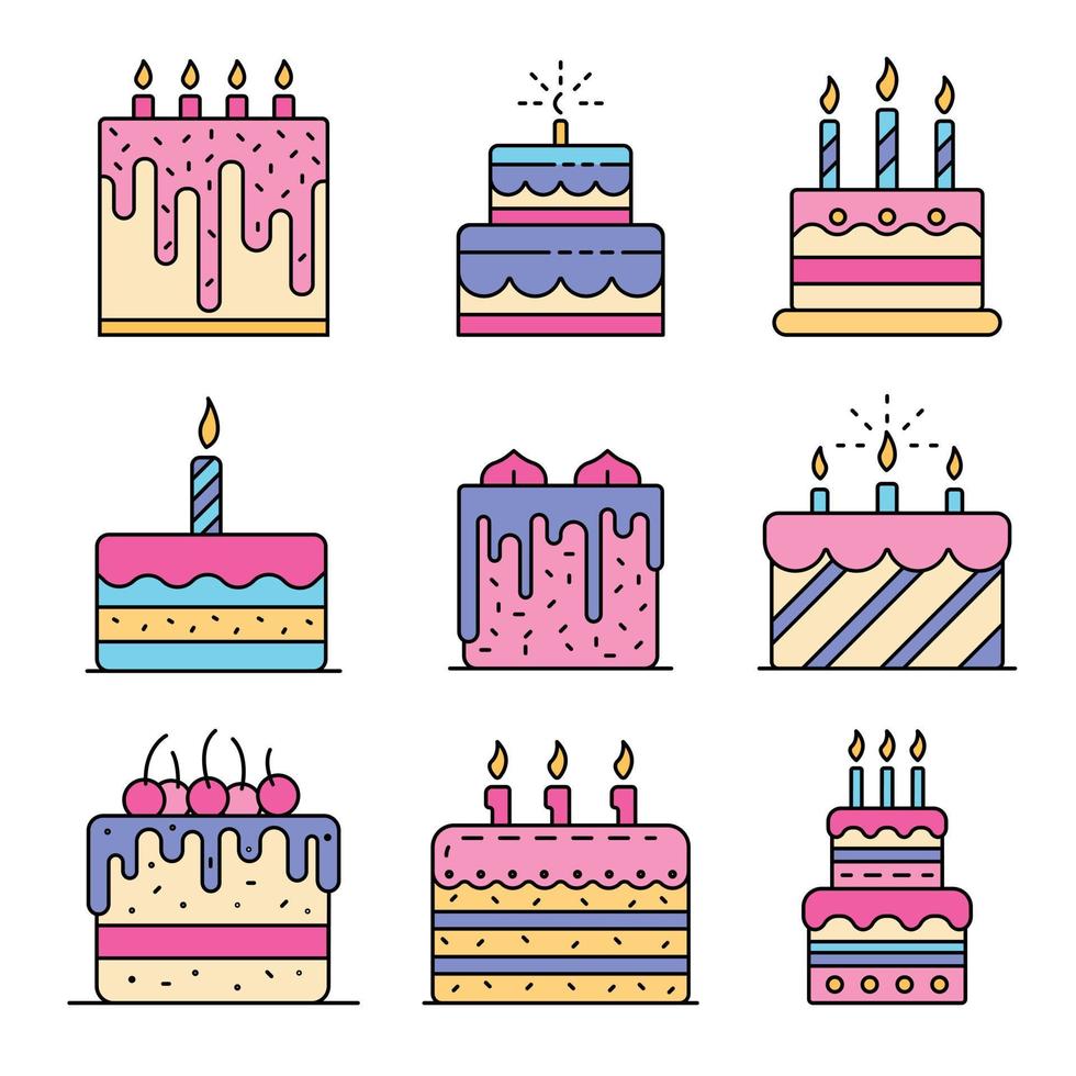 Cake birthday icons set line color vector