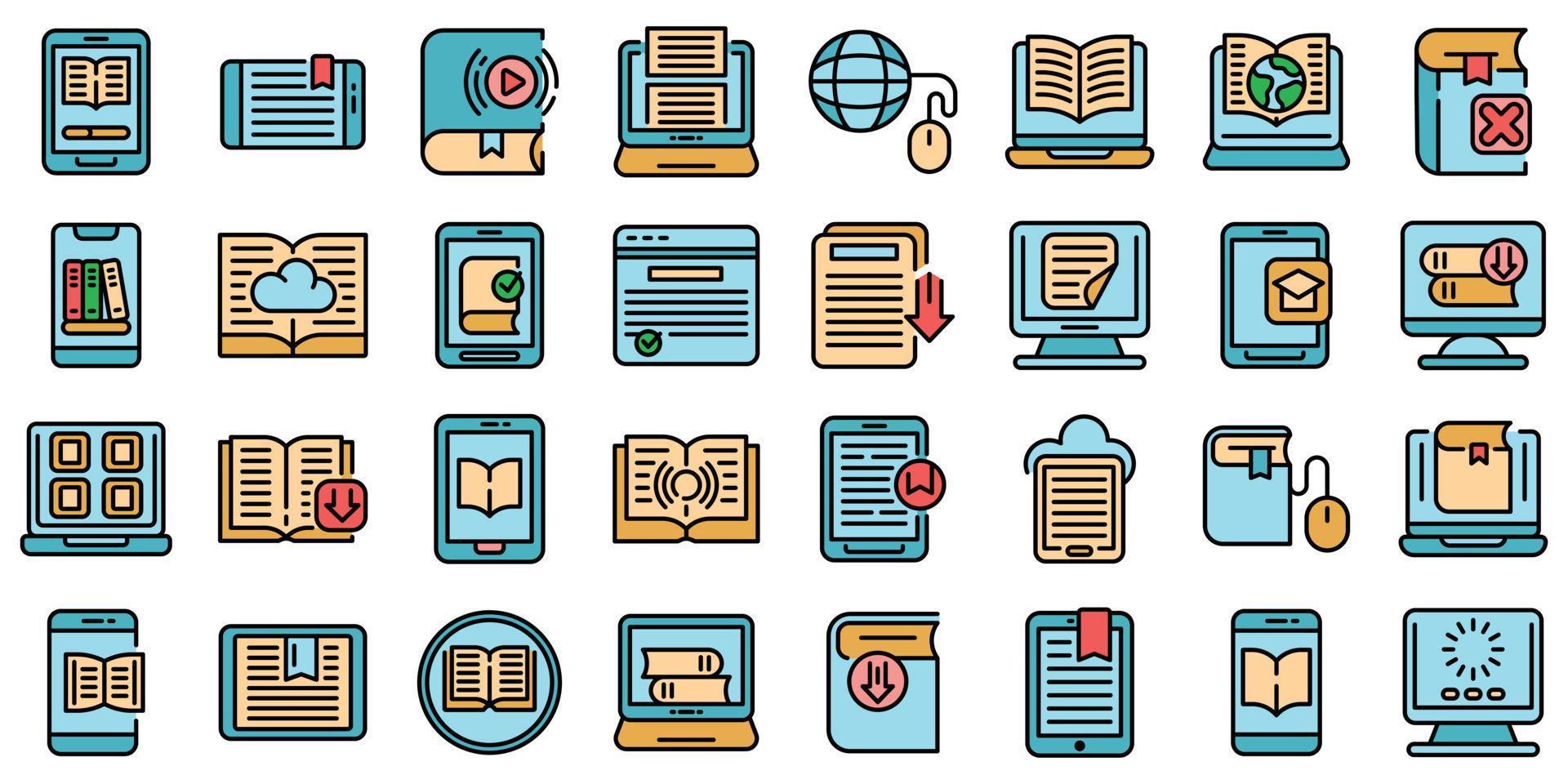 iconos de aplicaciones de libros electrónicos establecer vector plano