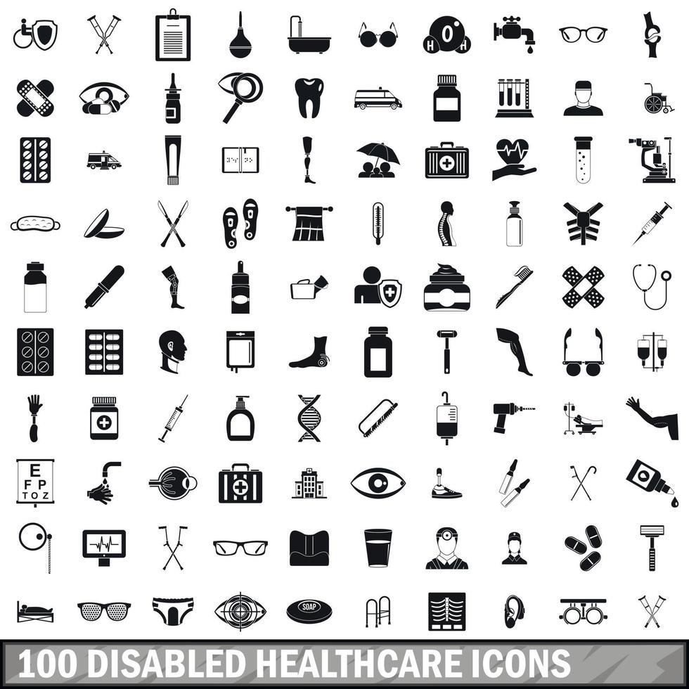 100 iconos de asistencia sanitaria para discapacitados, estilo sencillo vector