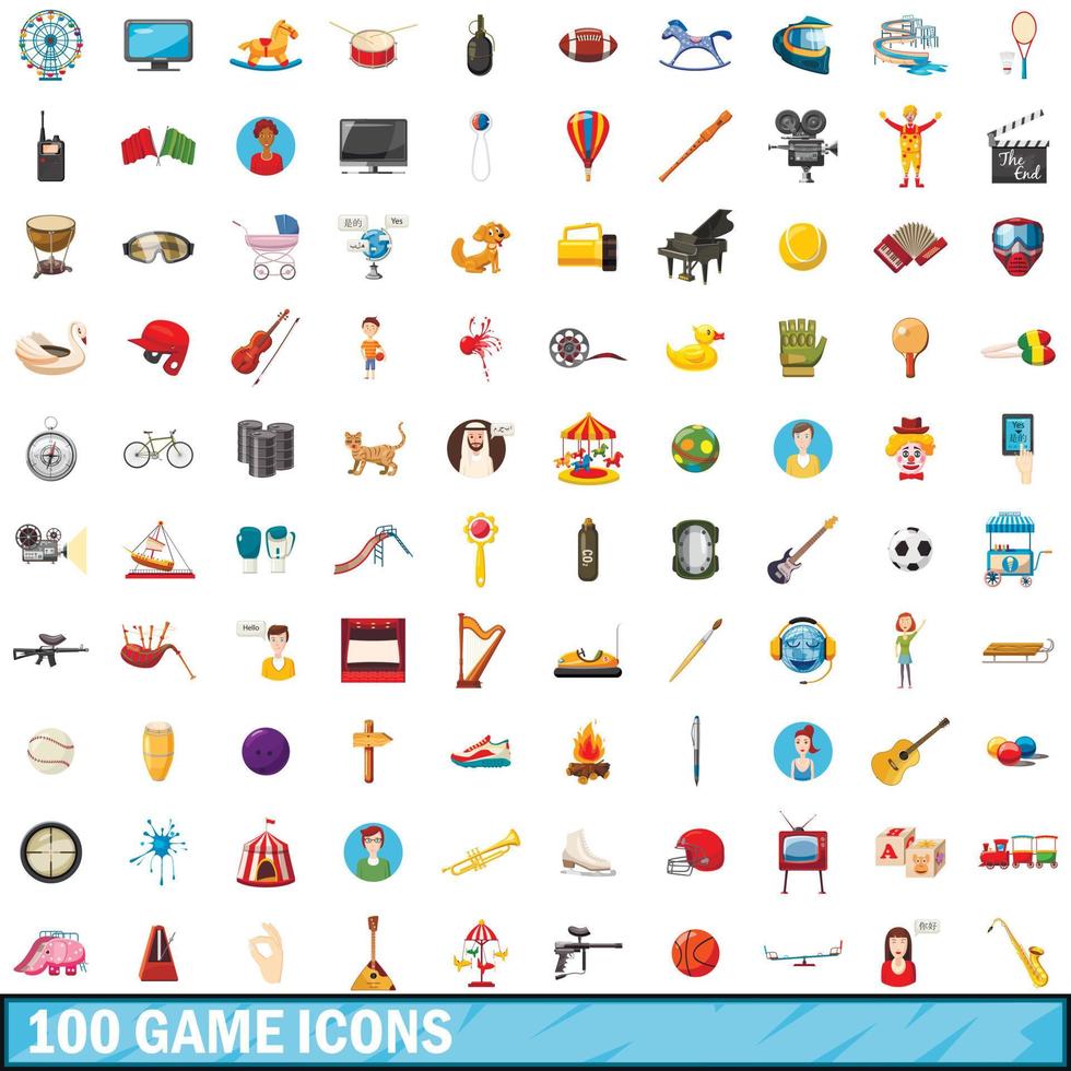 100 iconos de juego, estilo de dibujos animados vector