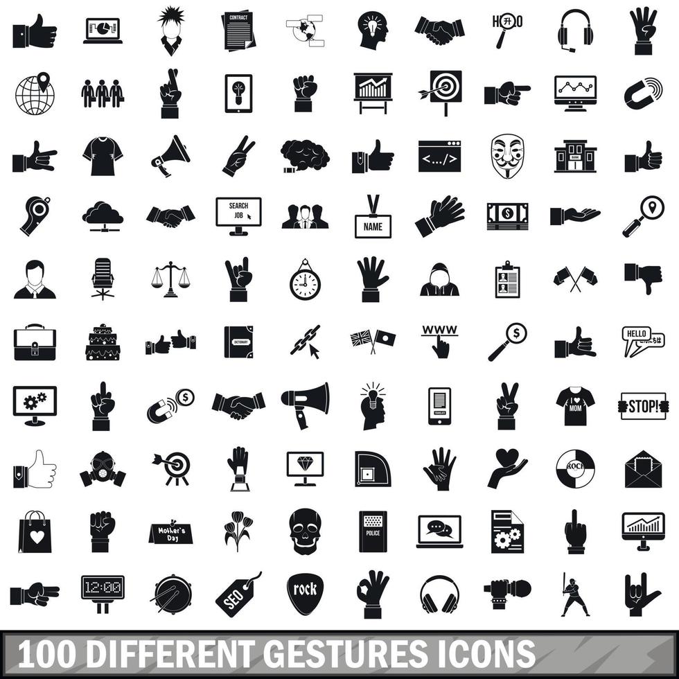 100 iconos de gestos diferentes, estilo simple vector