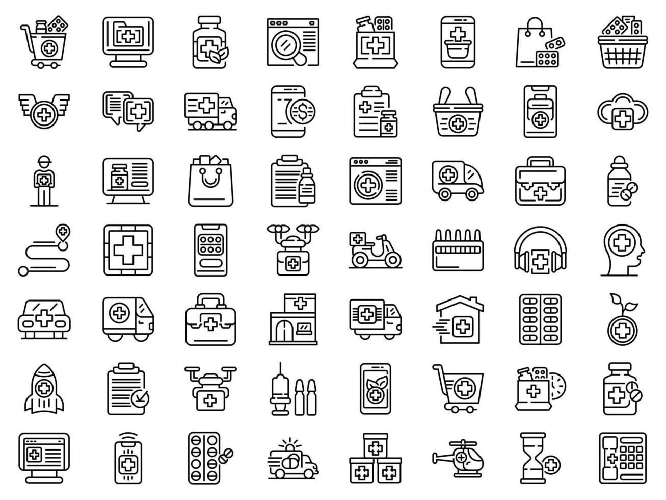 Drug delivery icons set, outline style vector