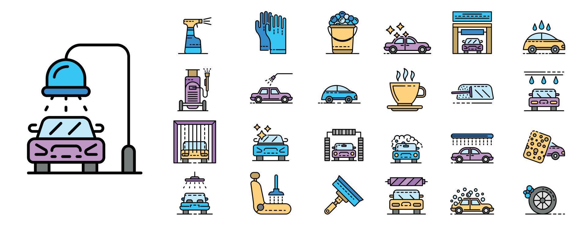 Car wash icons set line color vector