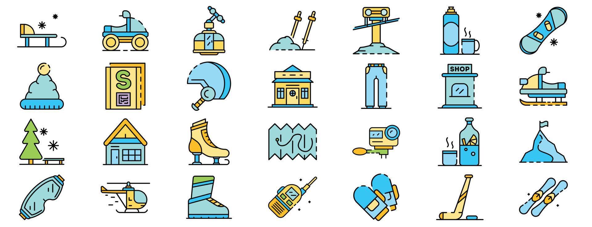 Ski resort icons set line color vector