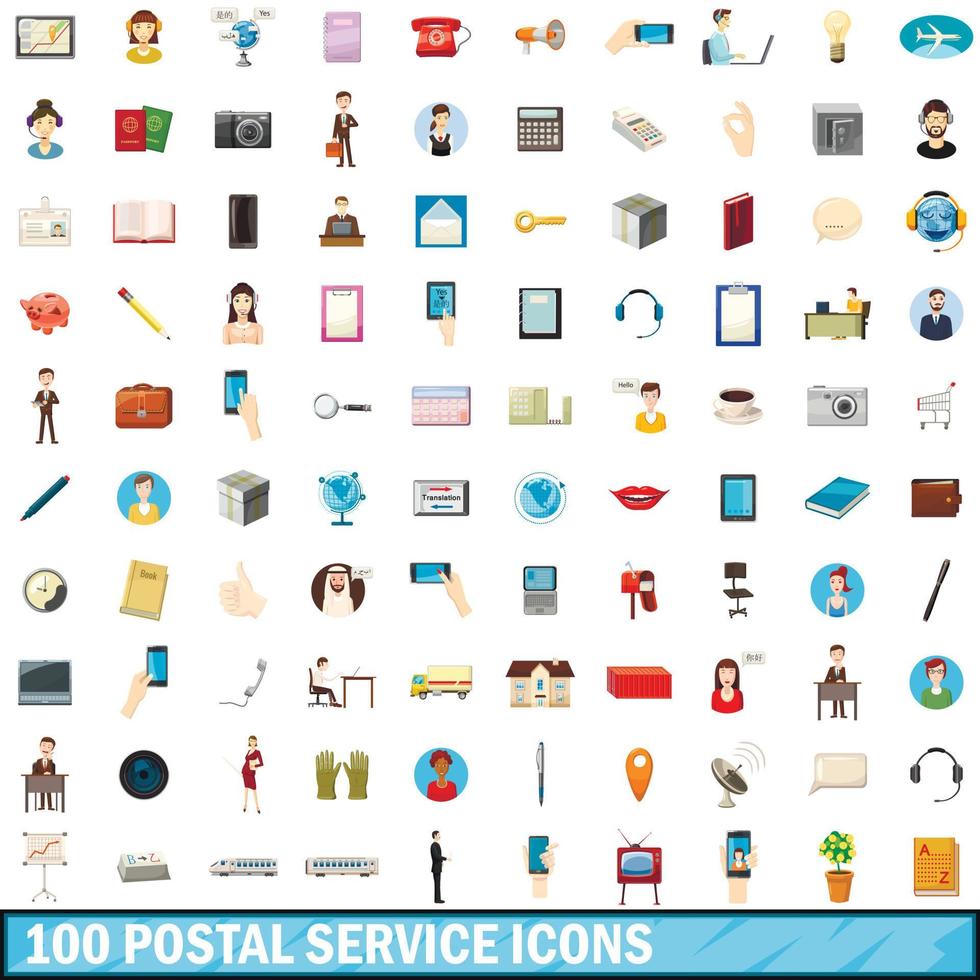 100 iconos de servicio postal, estilo de dibujos animados vector