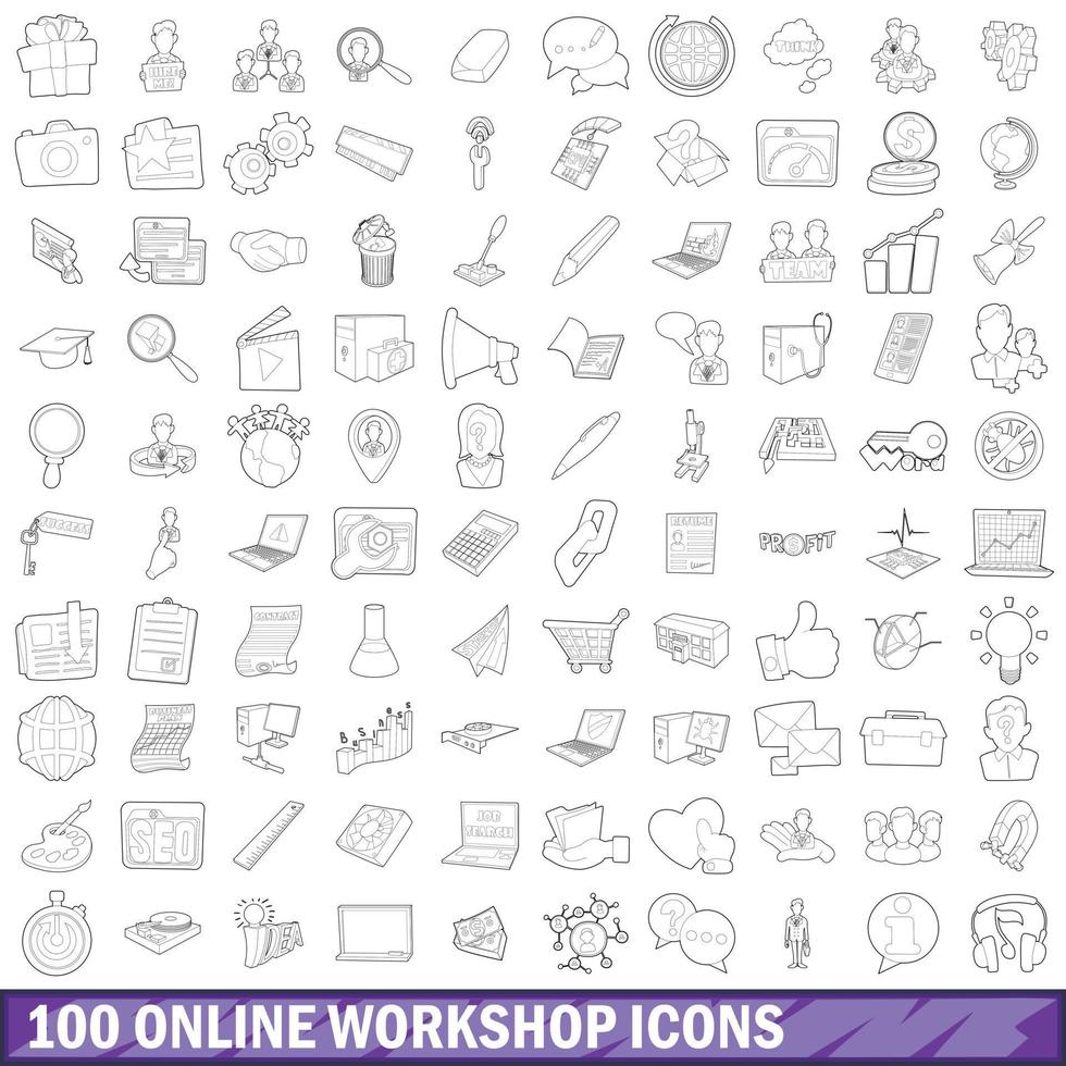 100 online workshop icons set, outline style vector