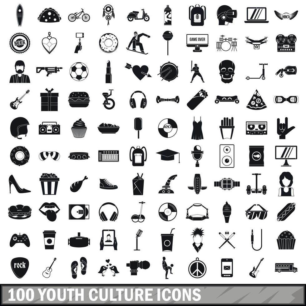 100 iconos de cultura juvenil, estilo simple vector