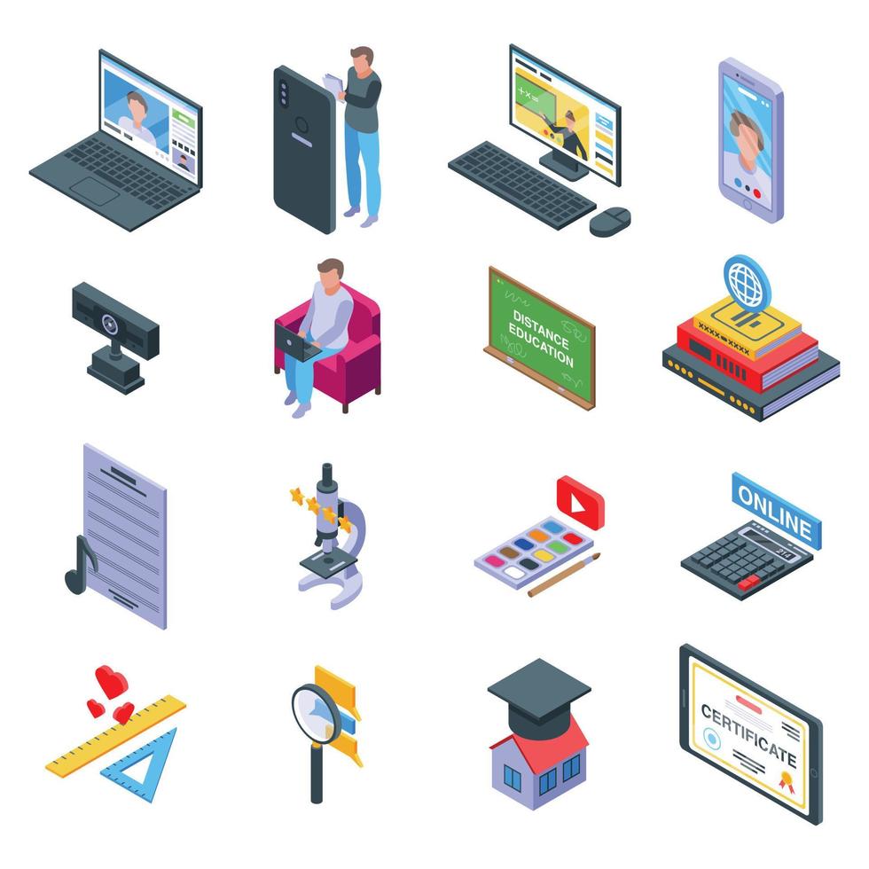 Distance education icons set, isometric style vector