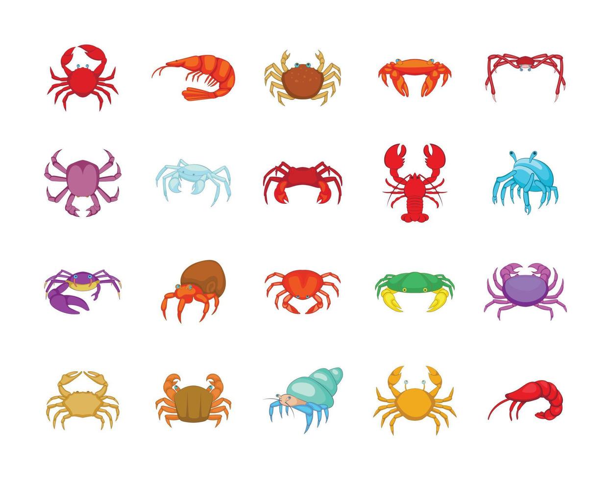 Crab icon set, cartoon style vector