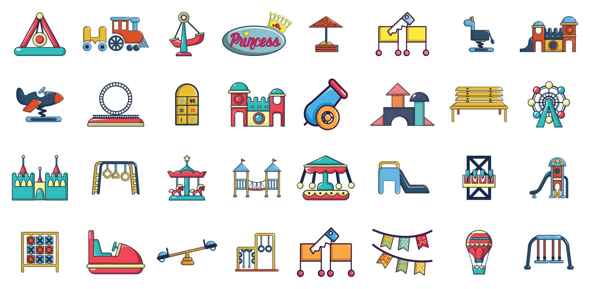 Kid amusement icon set, cartoon style vector