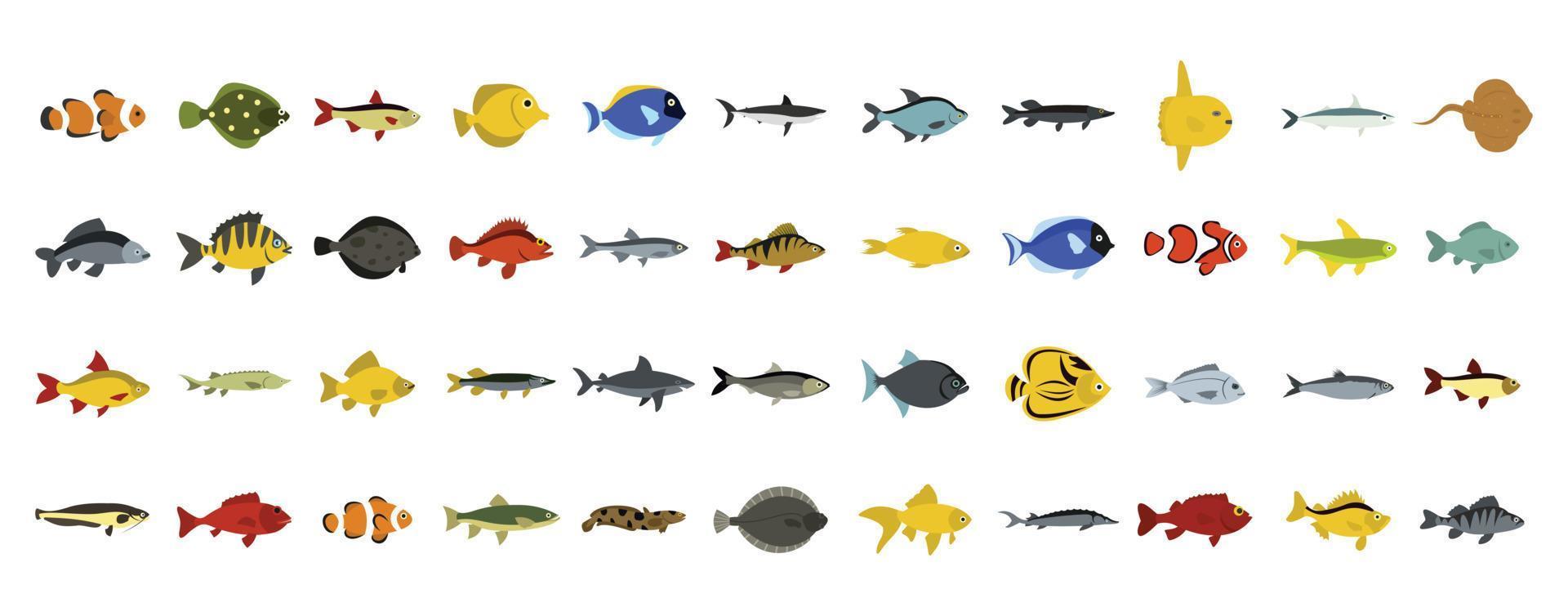 Fish icon set, flat style vector