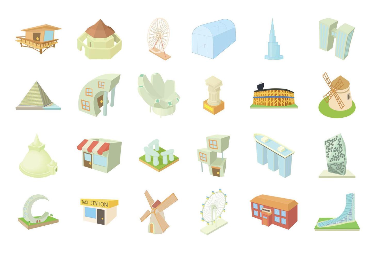 Buildings icon set, cartoon style vector