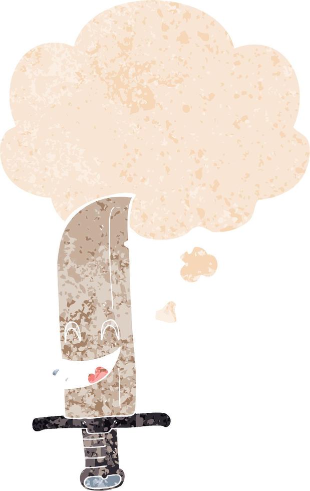 cartoon laughing knife and thought bubble in retro textured style vector