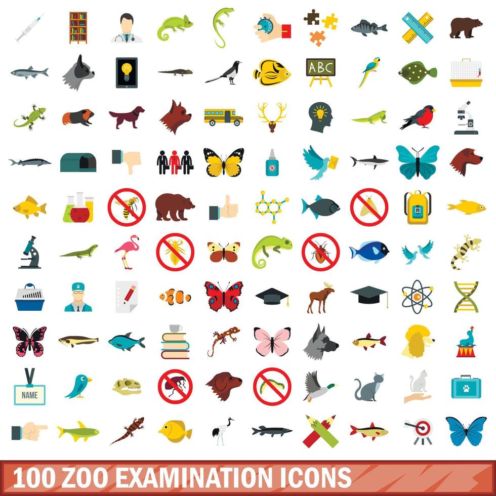 100 conjunto de iconos de examen de zoológico, tipo plano vector