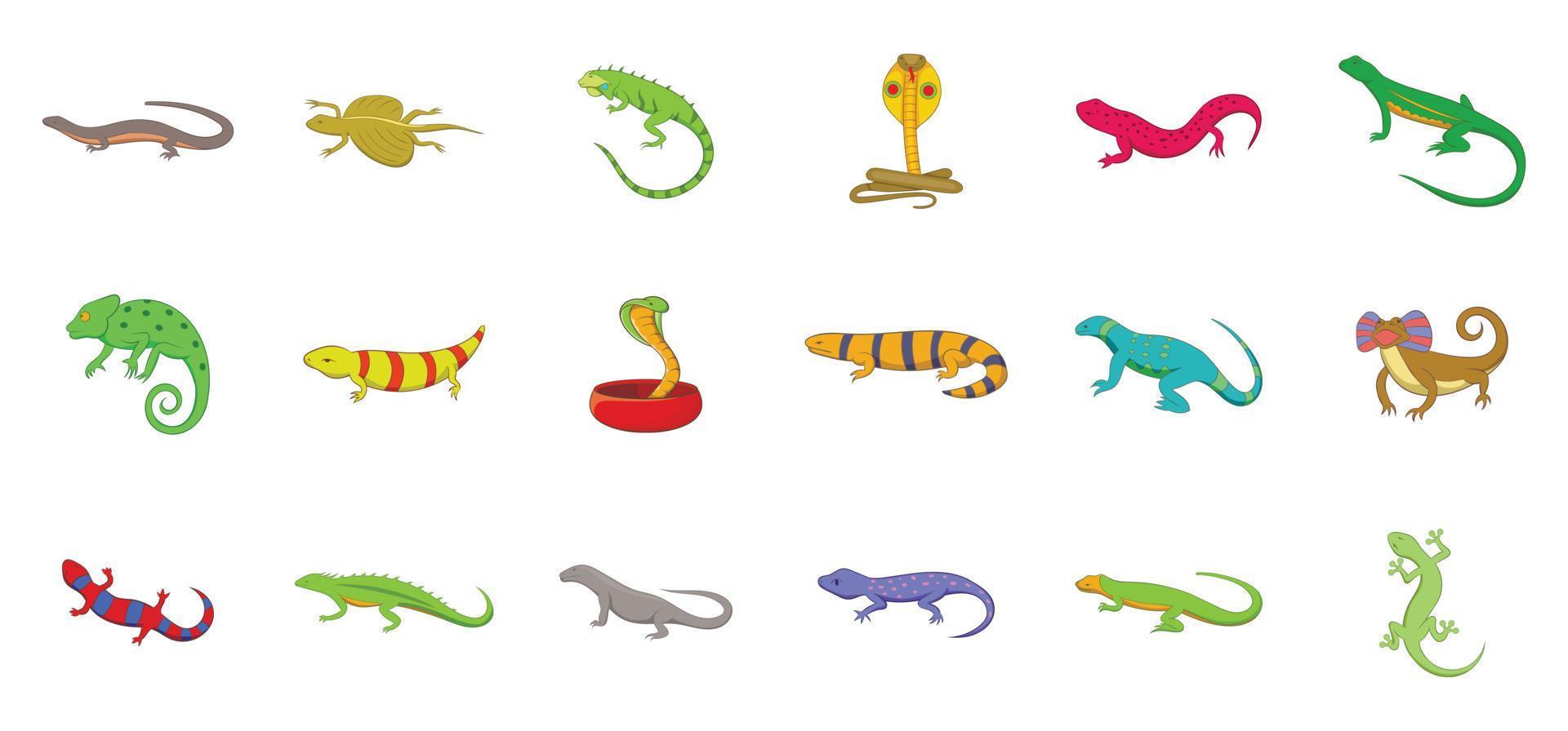 Reptile icon set, cartoon style vector