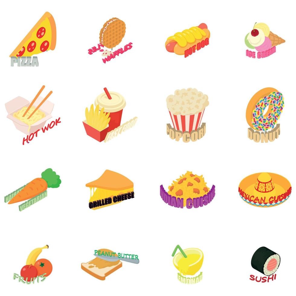 Country cuisine icons set, isometric style vector