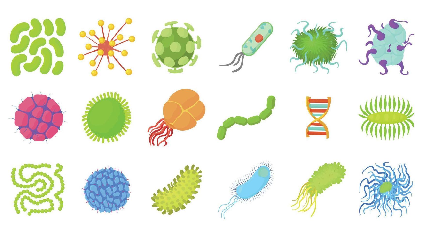 Virus icon set, cartoon style vector