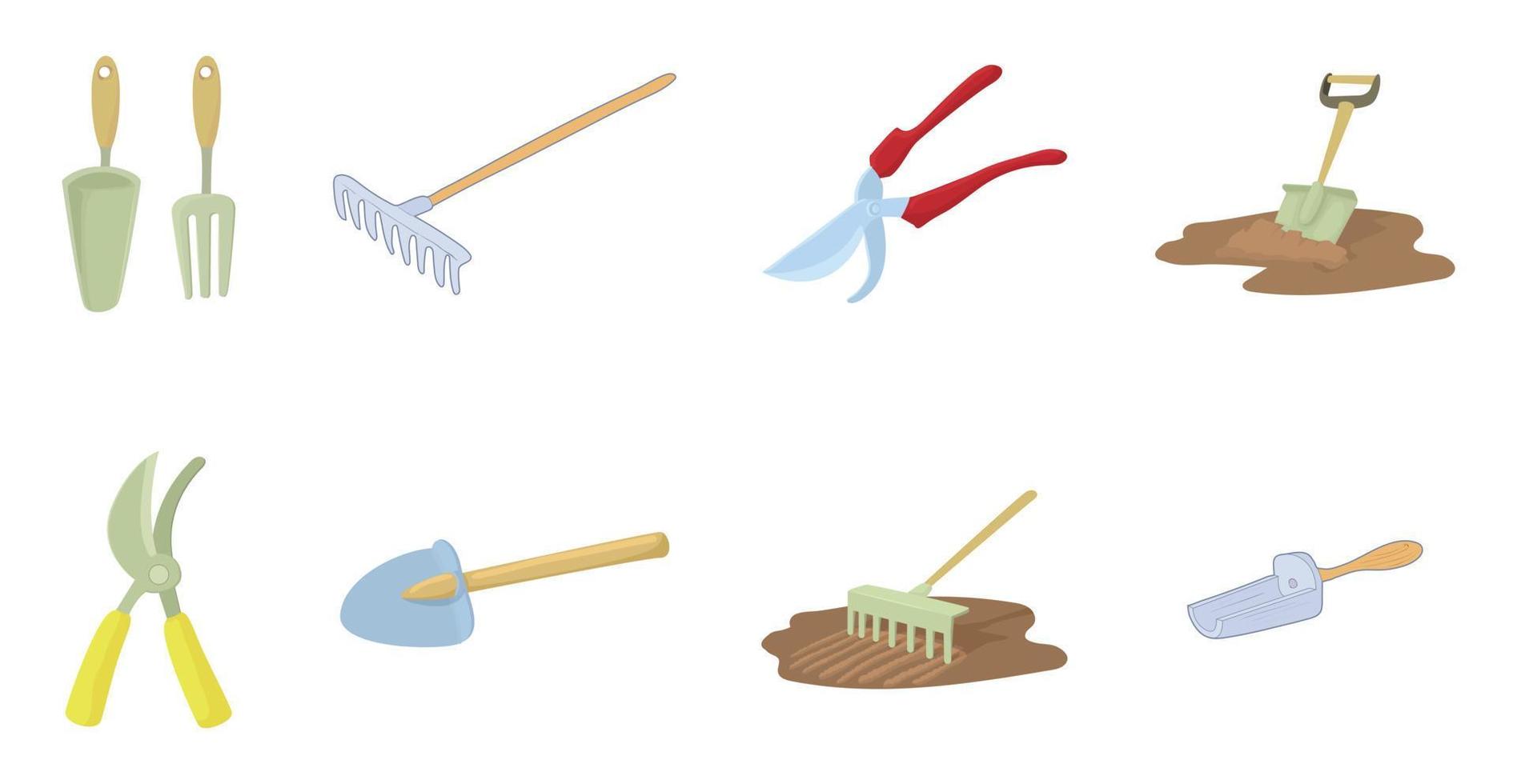 Garden tool icon set, cartoon style vector