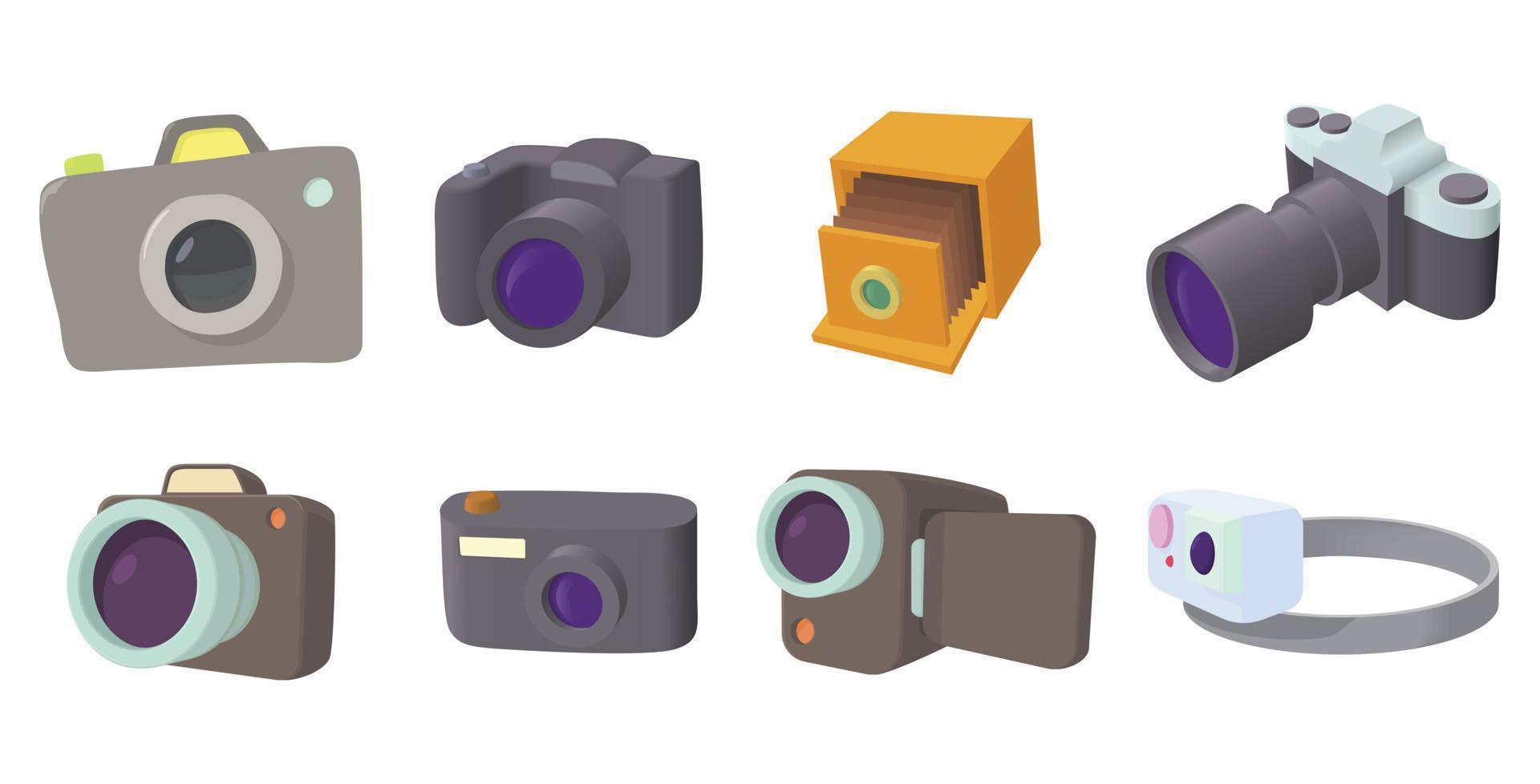 Camera icon set, cartoon style vector