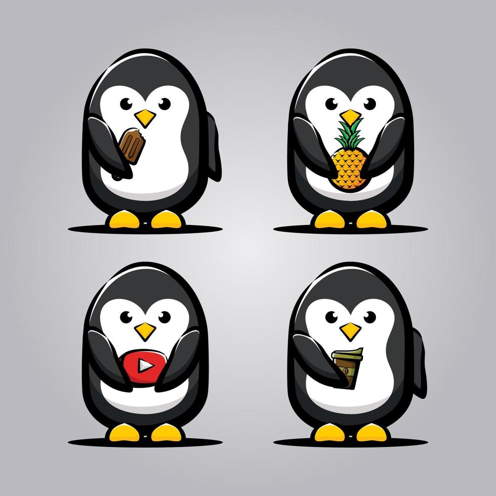 Cute Penguin with ice cream, pineapple, youtube, coffee set vector