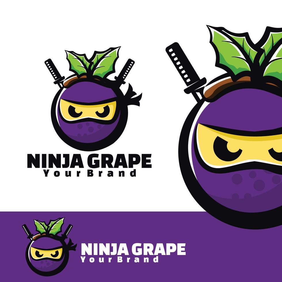 Cute ninja grape logo art illustration vector