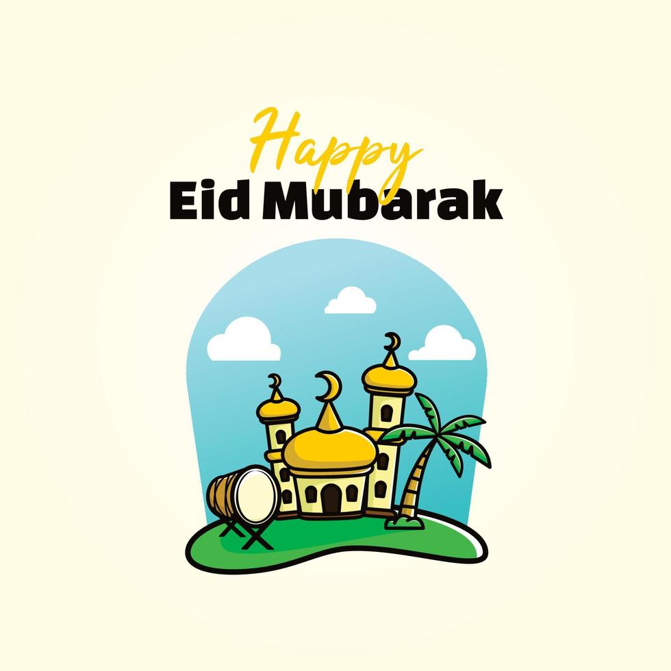 Cute eid mubarak with mosque art illustration vector