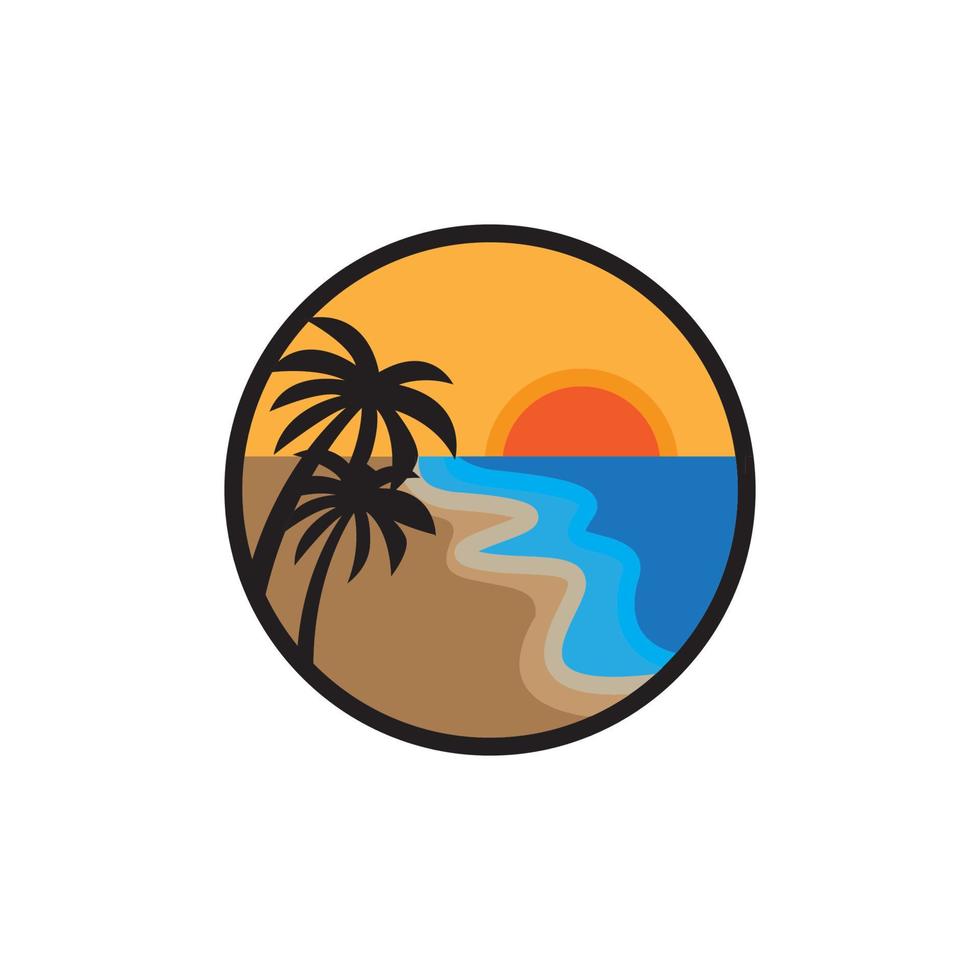 summer vacation logo on the beach with waves and coconut trees isolated in a circle vector illustration design